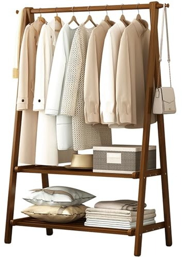 Foldable Wooden Garment Rack, Free Standing Wooden Clothes Rail with 2-Tier Storage Shelves & Side Hooks, 66/86/116x40x160cm, for Bedroom Hallway Entryway