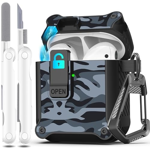 R-fun Kompatibel mit AirPods 2 Generation Hülle 2019, 1 Gen 2016 Case Cover, automatisches Pop-Up-Deckel-Design für Apple Airpods Hülle mit Reinigungsset & Schlüsselanhänger,Schwarze Tarnung