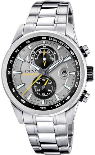 Festina Montre Homme Analogique en Acier Inoxydable 316L Argenté - Mouvement Quartz - Chronographe - Calendrier - Verre Minéral Résistant - Étanche 10 ATM F20694/4 Timeless Chronograph