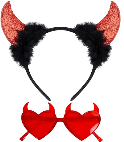 TAXTYHRE Halloween Haarreif Teufel, 2pcs Teufel Zubehör, Teufel Haarreif Set, Teufel Brille, Halloween Haarreif Teufel, Teufelshörner Brille, Tolle Party-Requisiten für Halloween, Karneval