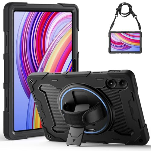Gerutek Funda Anticaída para Redmi Pad Pro 5G / Xiaomi Poco Pad 2024, (12,1 Pulgadas), Carcasa Rugosa con Soporte Giratorio, Correa de Mano/Hombro, Portalápiz, Funda para Redmi Pad Pro/Poco Pad, Negro