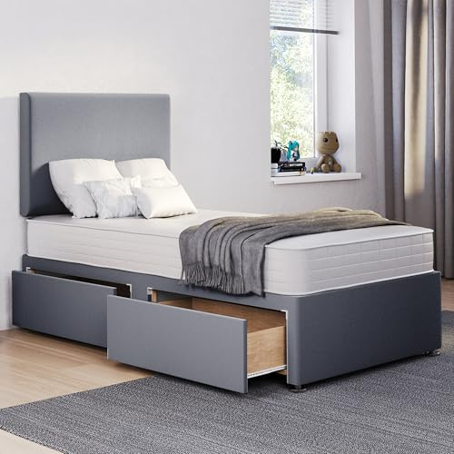 ComfoRest 3FT Single Divan Bed with Mattress, 24 Plain Headboard, Grey | British-made sturdy frame, 91.5 x 190.5cm, plush upholstered finish, 2 spacious drawers, ideal for guest and single use