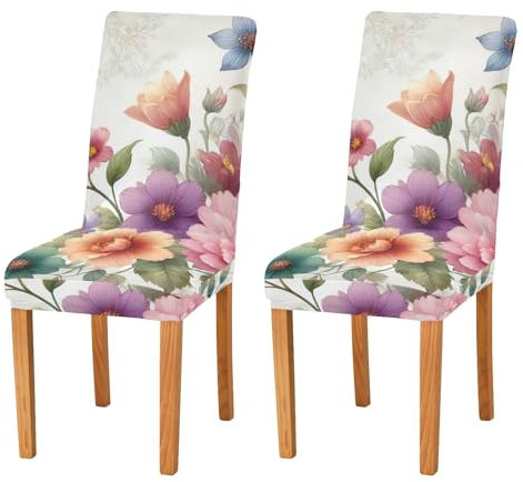 ODAWA Stuhlhussen mit bunten Blumen, blühende 3, Esszimmerstuhlhussen, 2er-Set, Stuhlhussen für Esszimmer, Hotel