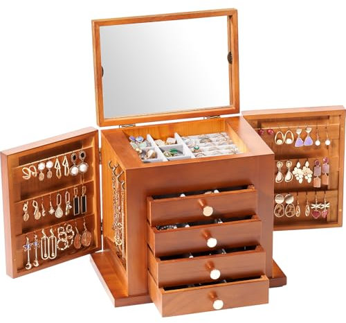 ProCase Schmuckkästchen Schmuckaufbewahrung Holz Schmuckschatulle mit 5 Ebenen Schmuckkasten Schmuckbox Schmuck Organizer mit Spiegel, Schubladen für Ringe, Ohrringe - Braun