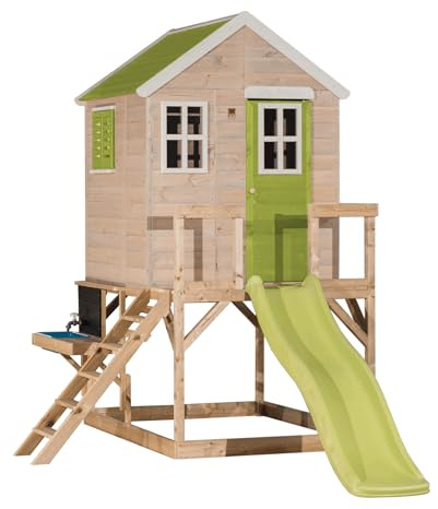 Wendi Toys casetta con scivolo 175 cm e cucina da esterno, legno FSC 310×197×242 cm, con scala, lavagna, casa gioco per bambini robusta e resistente, verde - M22L-K