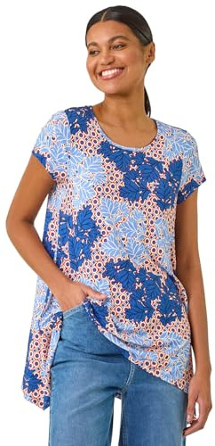 Roman Originals Hanky Hem Tunic Top for Women UK - Ladies Longline Blouse Asymmetric Hemline Short Sleeves Casual Slouch Loose Summer Spring Relaxed Comfortable - Blue Leaf - Size 20