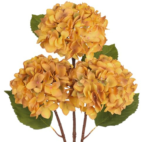 Hollyone 3 STK Hortensien Kunstblumen Gelb, Kunstblumen Hortensien Wie Echt für Brauthochzeitssträuße, Haus, Büro, Hotel, Partydekoration, Mittelstücke, Blumenarrangements