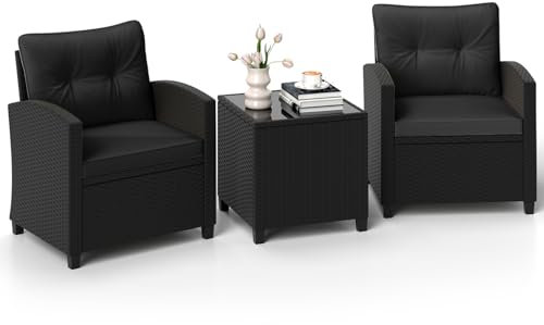 LIFEZEAL Gartenmöbel 3er Set, 2 Rattanstühle & Gartentisch aus PE-Rattan, Sofas & Couchtisch aus gehärtetem Glas, Sitzgruppe mit abnehmbaren Kissen für den Terrassen, Balkon, Garten (Schwarz 2)