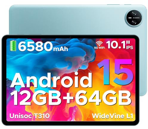 DOOGEE Tab A9 Tablette Android 15, Tablette 10 Pouces, Unisoc T310, 12GB RAM+64GB ROM(TF 2TB), 6580 mAh Tablette Tactile, 5G WiFi/Double Haut-parleur/8MP/Type-C/GMS/Bluetooth/Face ID/Jack 3,5 mm, Bleu