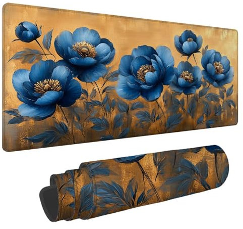 Tapis de Souris Bleu Tapis Souris XXL Fleurs 1600x800x4mm Tapis de Souris Gaming,Large Tapis de Bureau Antidérapant Étanche,Mouse Pad Bords Cousus pour Gamer,Ordinateur,PC Extended Tapis Clavier A-812