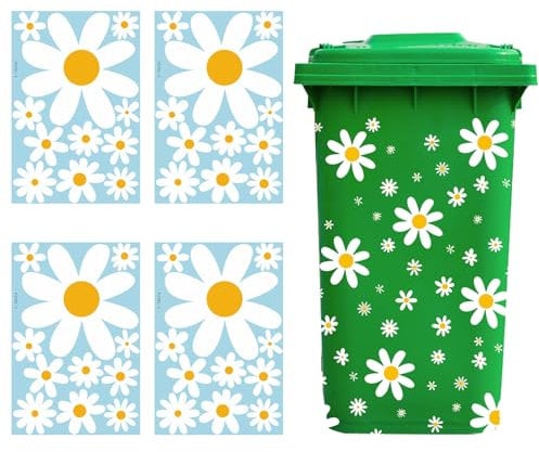 Wheelie Bin Stickers Daisy Stickers, 4 Sheets Self-Adhesive and Waterproof Flower Sticker for Car Fridge Bins Wall Outdoor Indoor Decorative Decal
