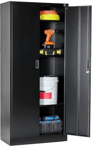 Stahlschrank 180x80x40 cm mit 2 Türen abschließbar - Metall Aktenschrank, Werkzeugschrank für Büro, Garage, Fitnessstudio (Schwarz)