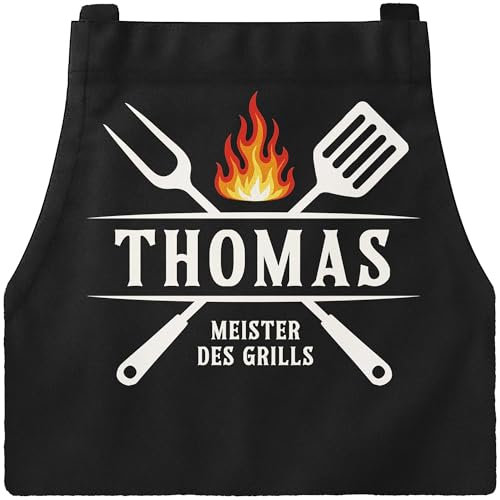 MoonWorks® Grillschürze für Männer mit Name und Spruch personalisiert Meister des Grills Grillgeschenk Herren Schürze Baumwolle Schwarz Herren