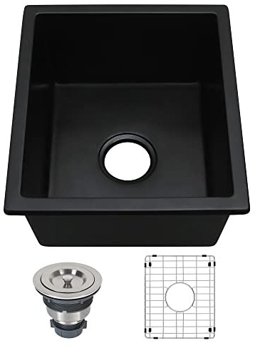 DEJIKOKU Fregadero de Barra Negro bajo encimera, Fregadero de Barra de Granito Compuesto de 15 x 17 Pulgadas, Fregadero pequeño para RV