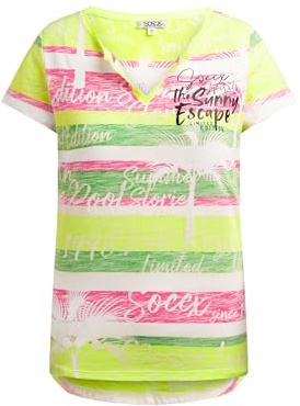 SOCCX Damen V-Shirt mit All-Over-Streifen- und Logo-Prints Neon Rainbow, XL