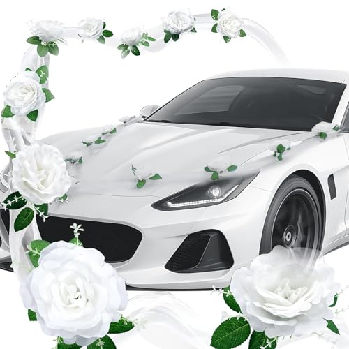 Pmueuff Autoschmuck Hochzeit Motorhaube, Romantische Hochzeitsdeko Auto Deko, Auto Hochzeitsschmuck Blumen mit Saugnäpfen, Hochzeit Autoschmuck mit 9 Rosen und 2 X 180cm Weiß Gaze