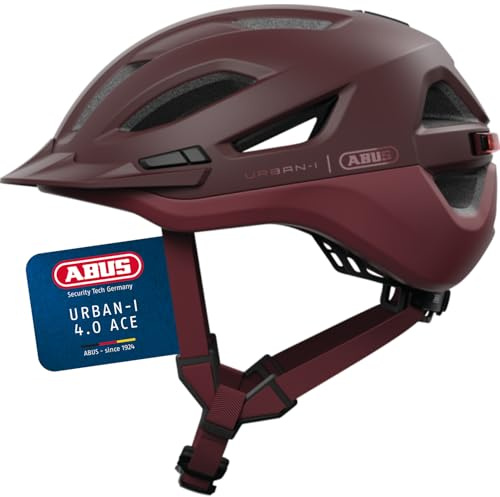 ABUS Stadthelm Urban-I 4.0 ACE - Fahrradhelm mit aufladbarem Rücklicht, 4 Leuchtmodi, Schirm, Zopf-Öffnung und magnetischem Verschluss - für Jugendliche, Frauen und Männer
