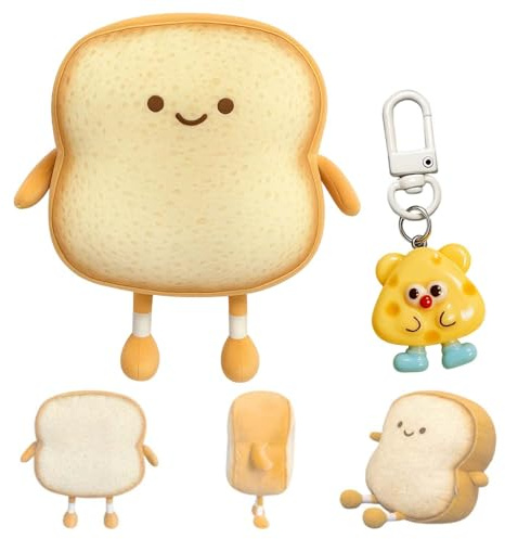 BaiDekun Toastbrot Kissen 18×18×6cm + Käse Schlüsselanhänger, Weiches Plüschtier Lustiges Brot Form Kissen, Cartoon Kuschelkissen & Niedlicher Schlüsselanhänger, Geschenk für Kinder Freunde Familie