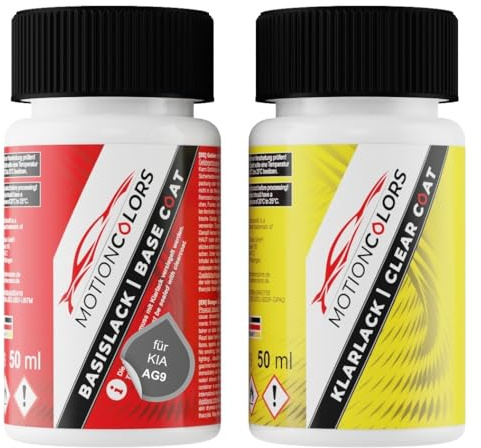 MOTIONCOLORS Interstellar Grey AG9 für KIA Autolack Lackstift +1K 2x50ml | Set aus Basislack + Klarlack, Lackfläschchen je 50ml