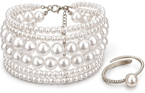 7 Stück Perlenarmband Damen Set, 6 Weiße Armbänder 1 Verstellbaren Ring | Boho Modeschmuck Zubehör, Perlen Schmuck Geschenk, Elastische Magic Pearls Armband für Hochzeit Party Geburtstag Damen Mann
