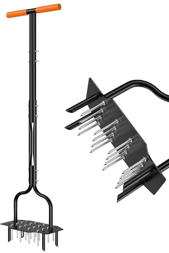 Poskena Aérateur de pelouse avec aiguilles en acier massif et aiguilles creuses, aérateur de pelouse avec plaque de base large et stable, broche manuelle pour pelouse et jardin