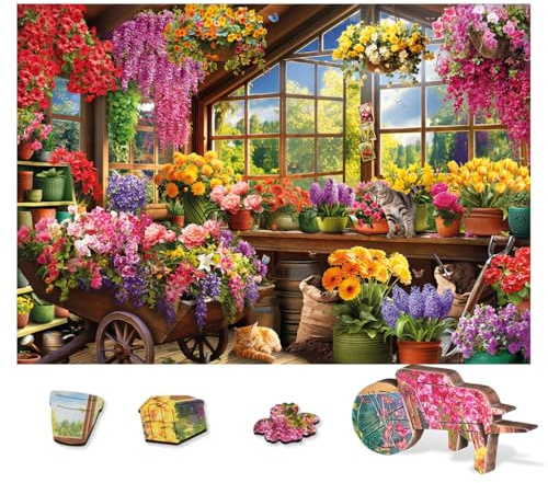 Wentworth Wooden Puzzles Potting Shed - 80 Pcs Adult Jigsaw Puzzle, Themed Irregular Pieces, Jessica White Design for Plant and Cat Lovers - Sustainably Sourced Wood and British Made