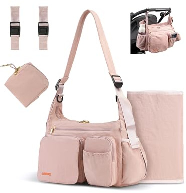 LAIMEIWEE Puffy Wickeltasche 13L Kinderwagen-Organizer Aprikosenrosa | Leichte Multifunktionale Buggy Tasche, Wickelunterlage/Schnullertasche/D-Ringe & Gurte für Kinderwagen, Spritzwassergeschützt