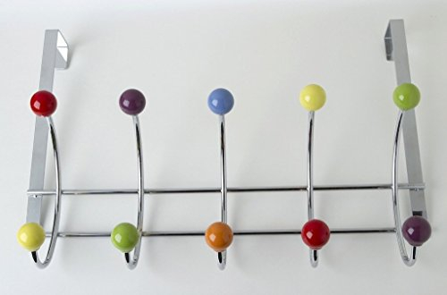 Türgarderobe Hakenleiste Garderobenleiste Kleiderhaken Stahl glanz chrom / bunt mit 5 Haken und 10 Porzellanknöpfen