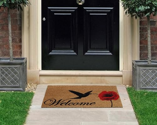 Coco&Coir Coir Door Mat – 45x75cm Natural Coconut Fibre Doormat, Heavy-Duty Non-Slip Rubber Backed, Front Door Mat Outdoor & Indoor, Eco-Friendly Dirt Trapper Welcome Mat – Floral Design