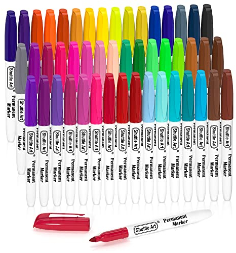 Shuttle Art Marqueur Indélébile Multicolore, Lot de 48 Couleurs Marqueurs Indélébile à Pointe Fine, Stylo Couleur Parfait pour le Coloriage et le Marquage sur Plastique, Bois, Pierre, Métal