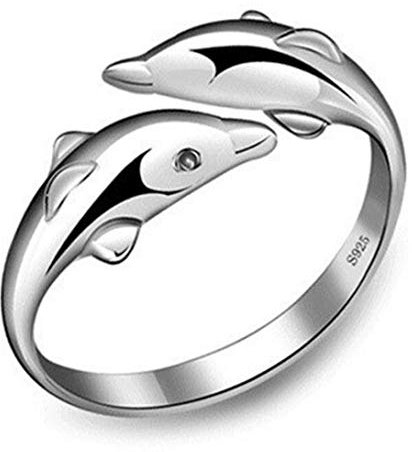 Wiftly Damen Mädchen-Ring 925 Sterling Silber Dopple Delphin Ewig Liebe Einfache Verstellbare Größe Offener Ring Band Ring Mode Zeigefinger Ring