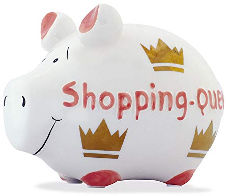 Premium Weddings Sparschwein Shopping-Queen ca. 12,5 x 9 cm handgefertigt aus Keramik - Sparbüchse Spardose lustiges Sparschwein