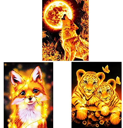 Diamond Painting bilder Set,3 Packung DIY 5D Full Drill Cross Stitch Stickerei Malerei Kits,Katze Tiger Wolf Malerei Kinder Erwachsene Geschenke Zum Schlafzimmer Wohnzimmer Dekor(30×40cm)