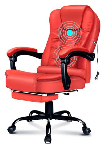 ELFORDSON Massage Office Chair with Footrest 2 Points Vibration, Office Desk Chairs for Heavy People, Reclining Chairs Ergonomic Executive Chair, Height Adjustable, 360° Swivel, PU Leather, Red