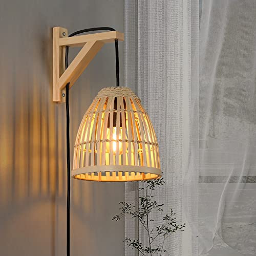 Applique Murale Rotin Bois Moderne Brancher – Panier en Bambou Abat jour Lustre Suspension Suspendu Luminaire avec Interrupteur, Intérieur Murale Lampe Osier pour îlot de Cuisine Salon Chambre Enfant