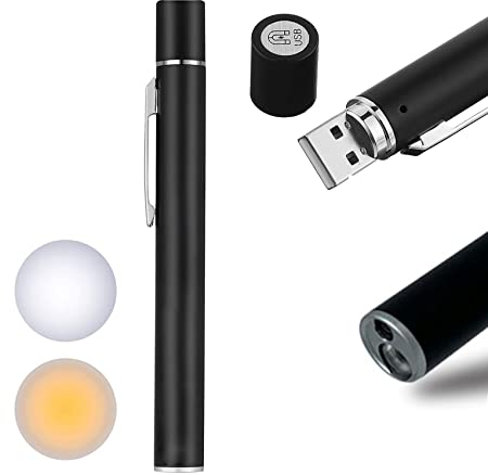 Exeton - Pen Torch Reusable, Diagnostic Medical Penlight USB Rechargeable LED Pen Ligh for Nurses Students Doctors, Mini Flashlight with Dual LED Bulbs, Magnetic Cap, Pocket Clip (Black)