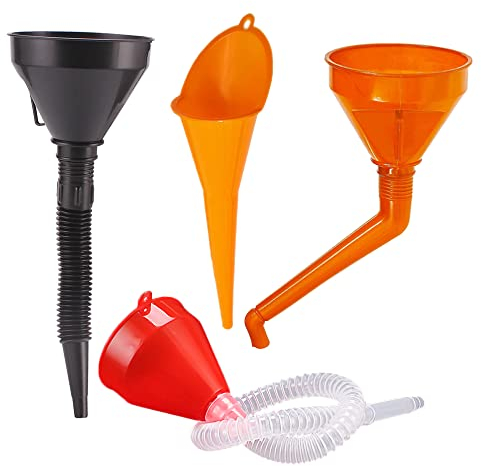 Zasvec Entonnoir Essence 4 Pièces Entonnoir Huile Moteur Entonnoirs Universels en Plastique avec Tuyau Amovibles et Filtre pour Moto Voiture Machine Rouge/Orange/Noir