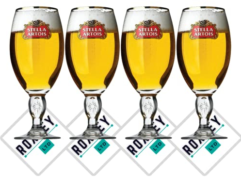Roxley | Stella Artois Nucleated Half Pint Glasses X4 | Lager Beer 28 Cl Size Glass Man Cave | Made in UK + 4 Stella Beer mats