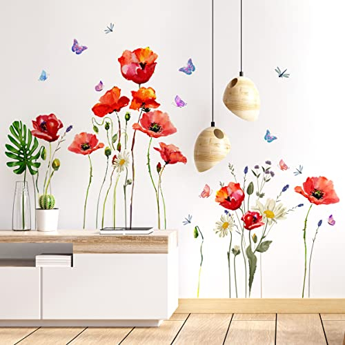 Pegatinas Pared Amapola Roja Stickers para Pared Flores de Jardin para Dormitorio Sala de Estar Fondo TV Oficina Decoración