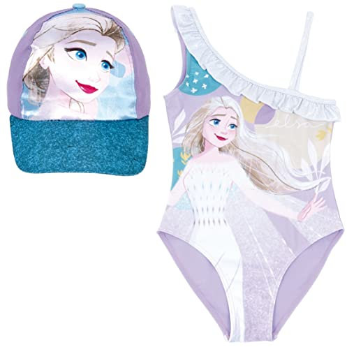 Bañador Frozen Disney Elsa para Playa o Piscina + Gorra Frozen para Niñas | Pack de Bañador y Gorra Disney Frozen | Bañador Frozen con Volante y Gorra Disney (8 años, Lila)