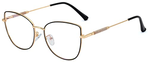kachawoo Fashion Glasses Women Clear Lens Metal Frame Cat Eye Glasses Anti Blue Light Eyewear, Gold Black Frame, Large