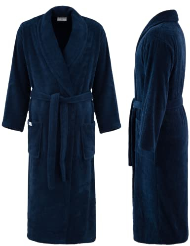 PandaHome Bademantel Damen und Herren aus 100% Baumwolle, Morgenmantel Frottee Kuschel, Saunamantel Warm und Kuschelig, Schnelltrocknend Weich Saugstark Bademäntel 400 g/m² (Navy-Large)