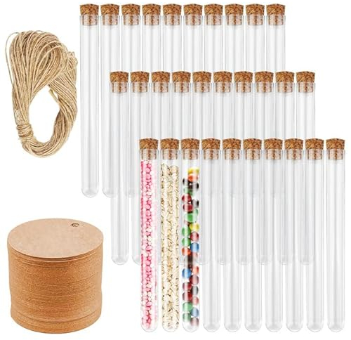 Firschoie 30 PiècesTube à essai en plastique,15x150mm Tubes à Essai Transparen, Tube a Essai bouchon liege avec 30 pendentifs en papier kraft et 20 m de corde de chanvre, pour laboratoires, Bonbons
