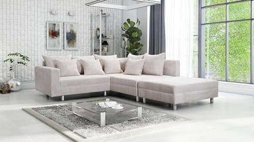 Kuechen-preisbombe Wohnlandschaft Sofa Couch Ecksofa Eckcouch Cordstoff beige + Hocker Minsk R