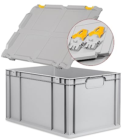 Eurobox NextGen Economy, Griffe geschlossen mit Scharnierdeckel 60x40x32cm grau Kunststoffbox 65 Liter stapelbar Transportbehälter lebensmittelecht, Farbe Deckel-Scharniere wählbar (Gelb)