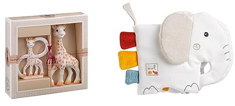 Sophie la Girafe – Sophie la Girafe Geschenkbox zur Geburt + Beißring & Fehn Soft Bilderbuch Elefant – Baby Fühlbuch mit Bio Baumwolle Stoff mit Tier Motiven