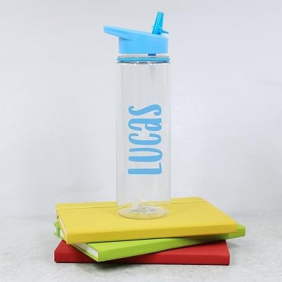 eBuyGB Personalised Water Bottle with Straw & Coloured Lid, Custom Name Drinks Bottle, Back to School, Kids Water Bottle for Nursery, Girls, Boys (Light Blue)