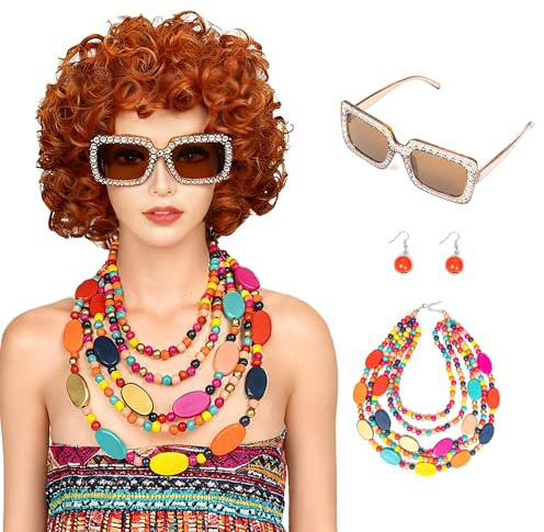 FVCENT Kurze lockige orange-rote Perücke, flauschige Afro-Perücke mit gelben Perlenketten, Ohrring-Set, rotbraun, Damenparty, Halloween, Cosplay, Kostümperücke (Rotbraun)