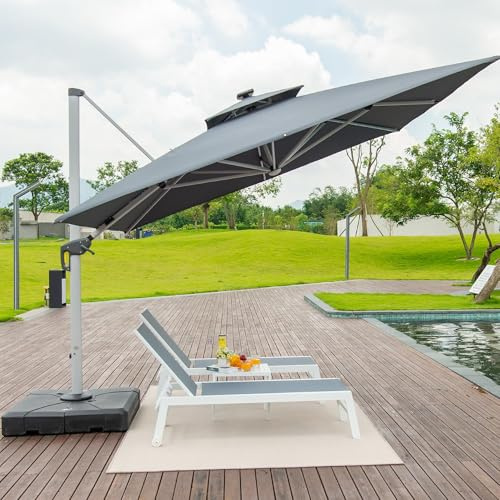 PURPLE LEAF Grand Parasol Déporté 3,65 x 3,65 m avec LED Toit Double, Gris | Couvrant une surface d'environ 13,3 m², Mât Renforcé Ø10,2 cm, LED pour une ambiance extérieure chaleureuse et romantique