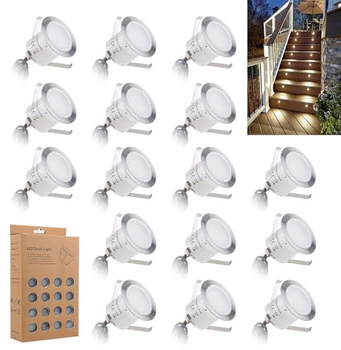JUABREY Recessed LED Deck Light Kits 16 Pack, IP67 Waterproof Outdoor Landscape In-ground Lighting, 12V Low Voltage Deck Lighting for Garden,Yard,Patio,Step,Stair,Floor Decoration.